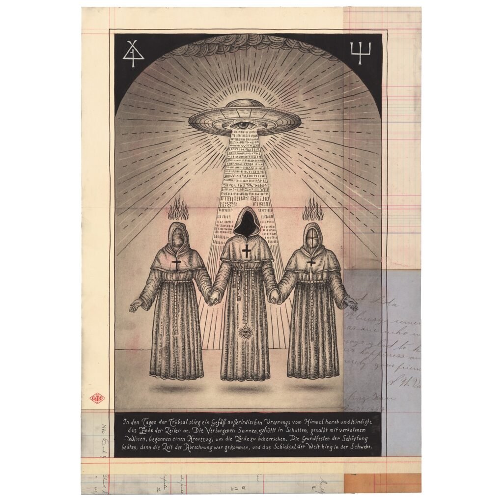 través de ilustraciones detalladas y crípticas, Daniel Martin Diaz fusiona ciencia y misticismo, creando composiciones visuales que evocan diagramas científicos y manuscritos simbólicos.