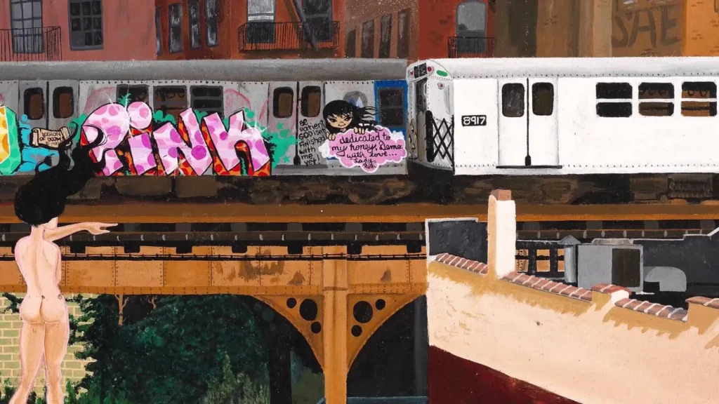 Graffiti de Lady Pink en tren elevado de Nueva York con figuras femeninas, mensaje espiritual y firma PINK