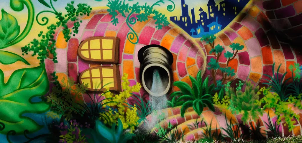 Mural urbano de Lady Pink con estructura fantasiosa, vegetación vibrante y fondo de ciudad iluminada