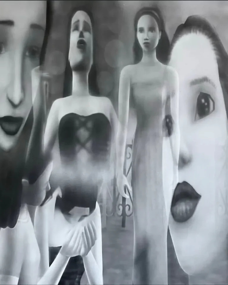 Figuras femeninas digitales en escala de grises, con estética de videojuego y atmósfera surrealista introspectiva.