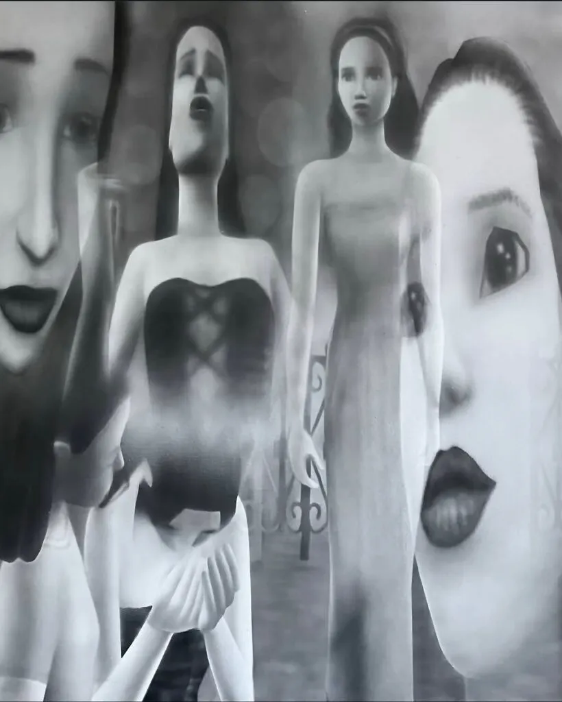 Figuras femeninas digitales en escala de grises, con estética de videojuego y atmósfera surrealista introspectiva.