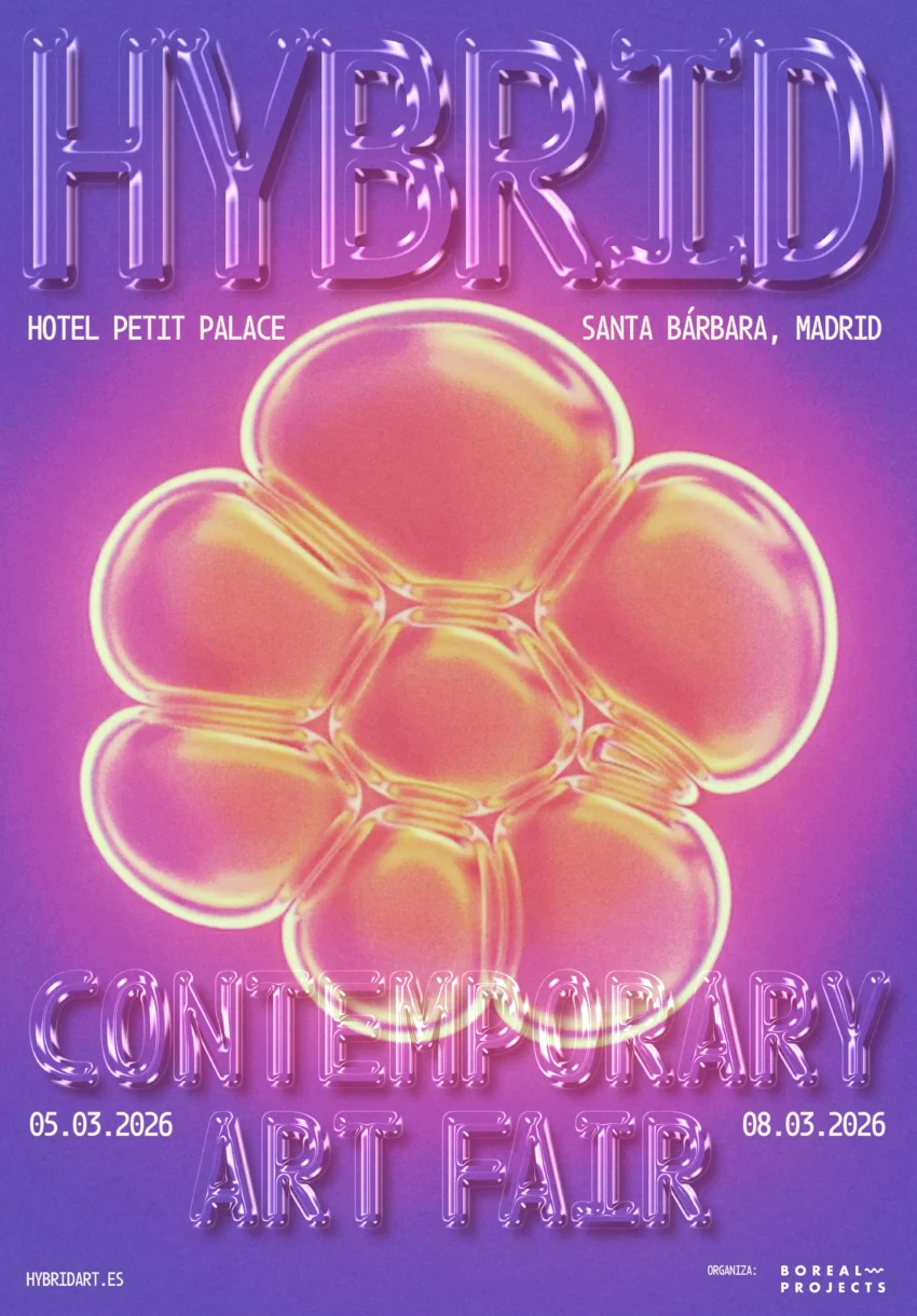 Cartel de la HYBRID Contemporary Art Fair 2026 con diseño abstracto y fechas del evento en Madrid
