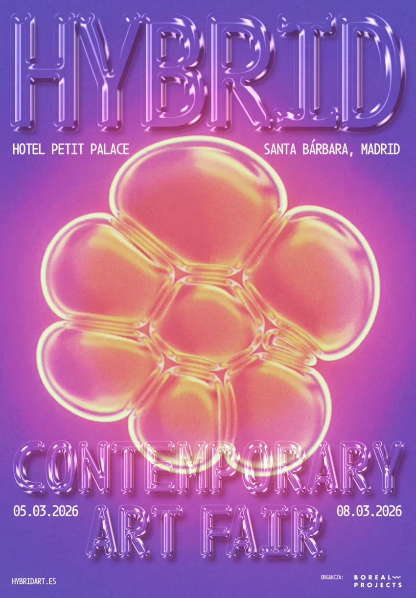 Cartel de la HYBRID Contemporary Art Fair 2026 con diseño abstracto y fechas del evento en Madrid