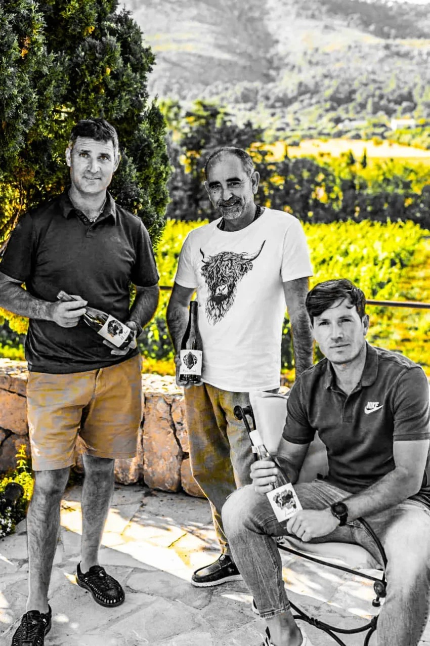 Gaspar Amengual, Jeroni Reus y Joan Moranta en un viñedo mallorquín sosteniendo botellas de vino de Vinum Pro Nobis en un día soleado.