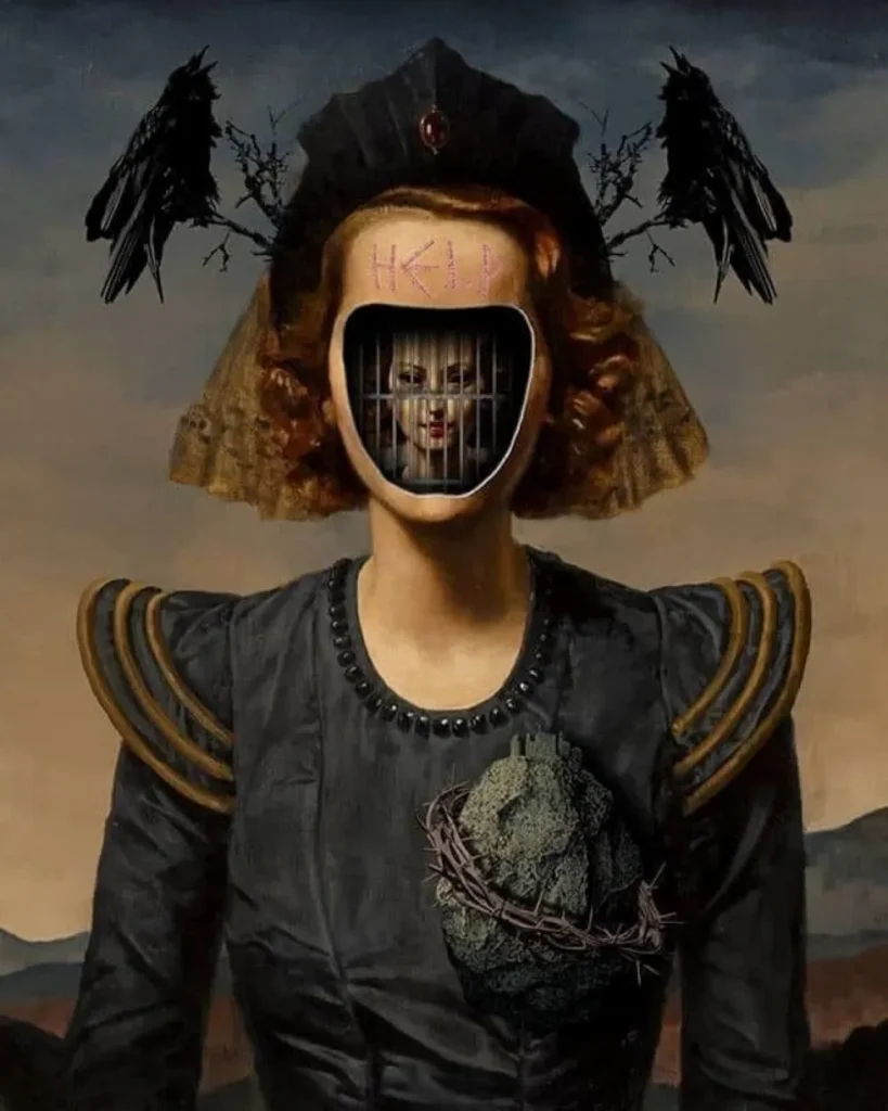 Obra surrealista de Andrew Blucha con figura femenina, corazón enjaulado y mensaje “HELP”