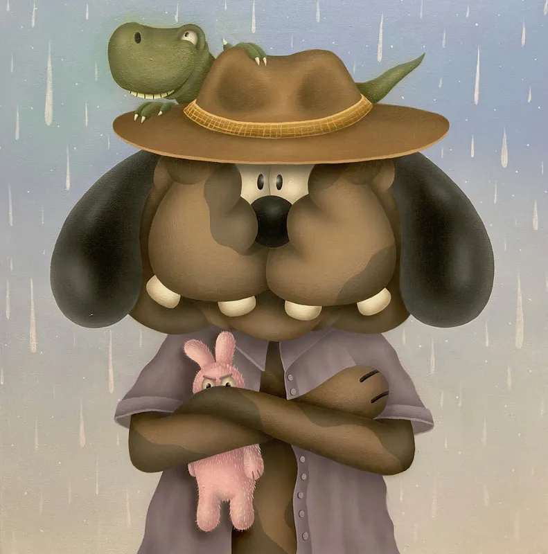 El mundo fantástico de Alex Chein propone personajes de estilo caricaturesco como perros, gatos, dinosaurios o conejos, a menudo con colores intensos y una narrativa potente que favorece una interacción más viva y cercana del público con la obra.