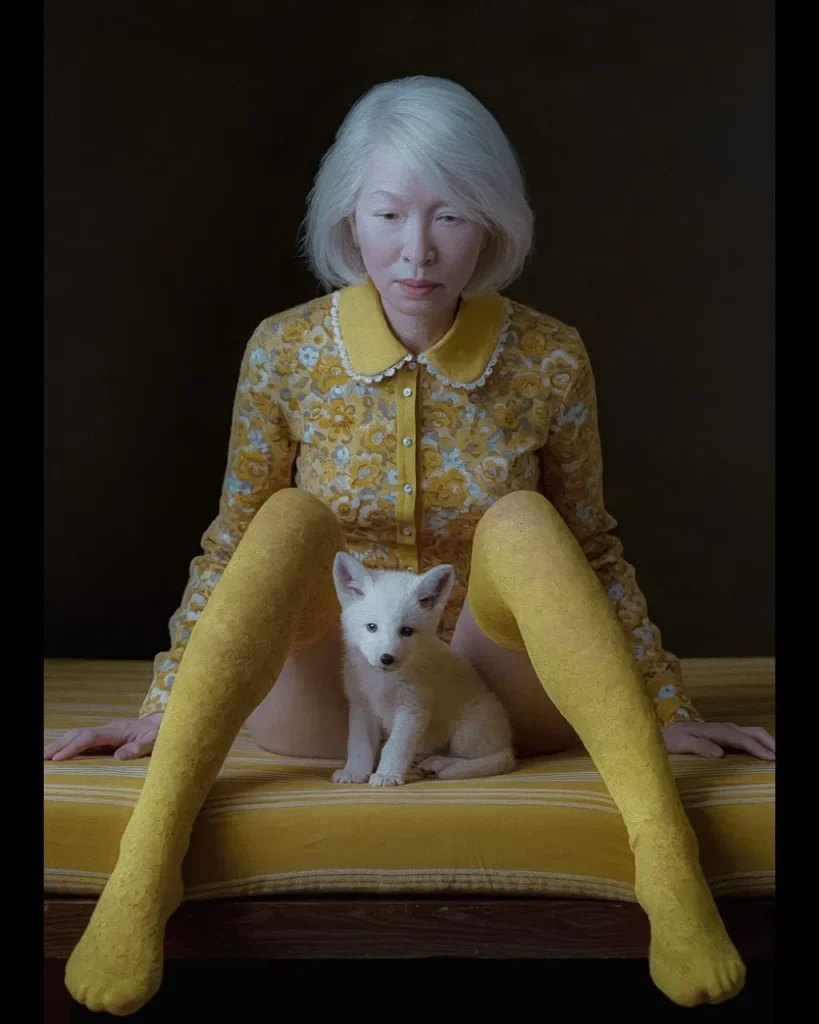 Bogdana Zwir con vestido amarillo y cachorro blanco en composición artística