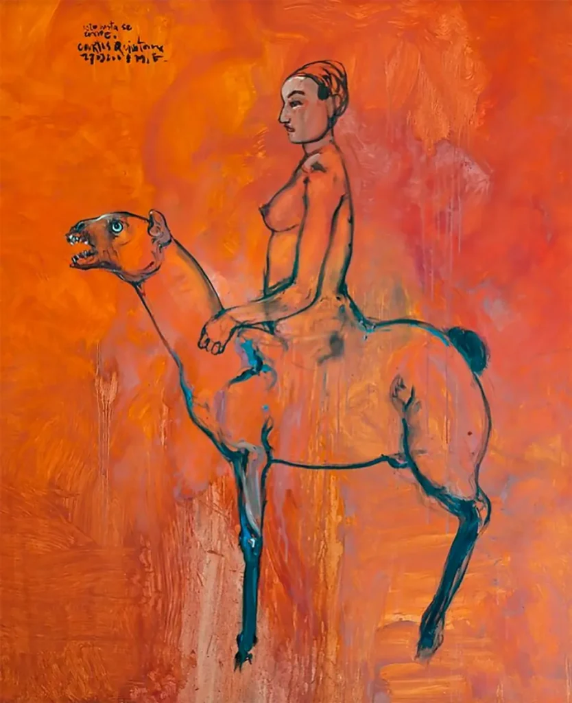 Figura desnuda montando un camello estilizado sobre fondo naranja, pintura surrealista con texto manuscrito.