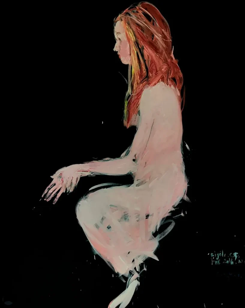 Figura femenina en perfil con vestido rosa sobre fondo negro, pintura expresionista de trazo gestual.