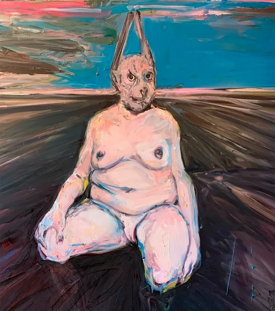 Figura surrealista con cabeza de conejo y cuerpo desnudo humano sobre fondo dramático de cielo colorido.