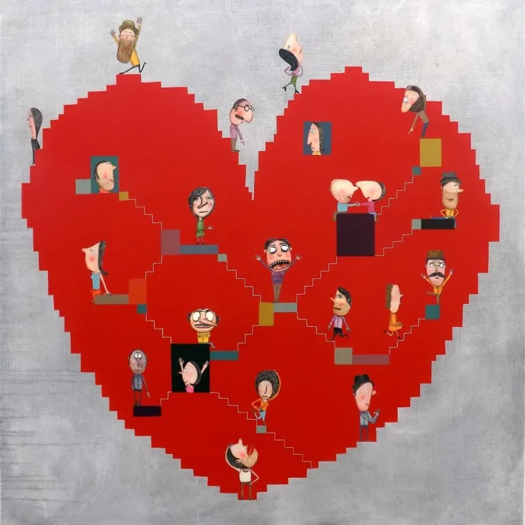 Corazón rojo pixelado con figuras humanas sobre escaleras de colores y fondo gris