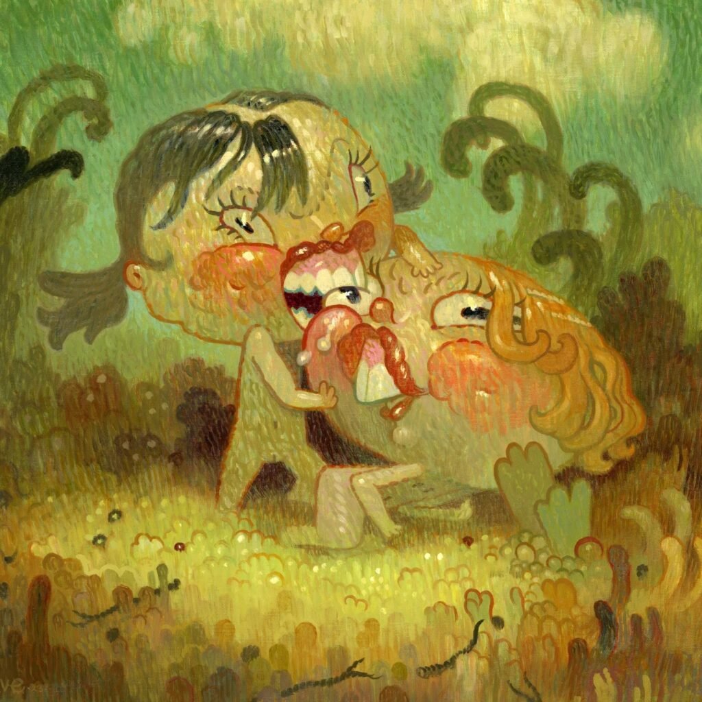 Formado en el dibujo narrativo y el pulso del cómic underground, Dave Cooper despliega un universo poblado por figuras femeninas elásticas, criaturas híbridas y escenarios que parecen sueños con resaca.