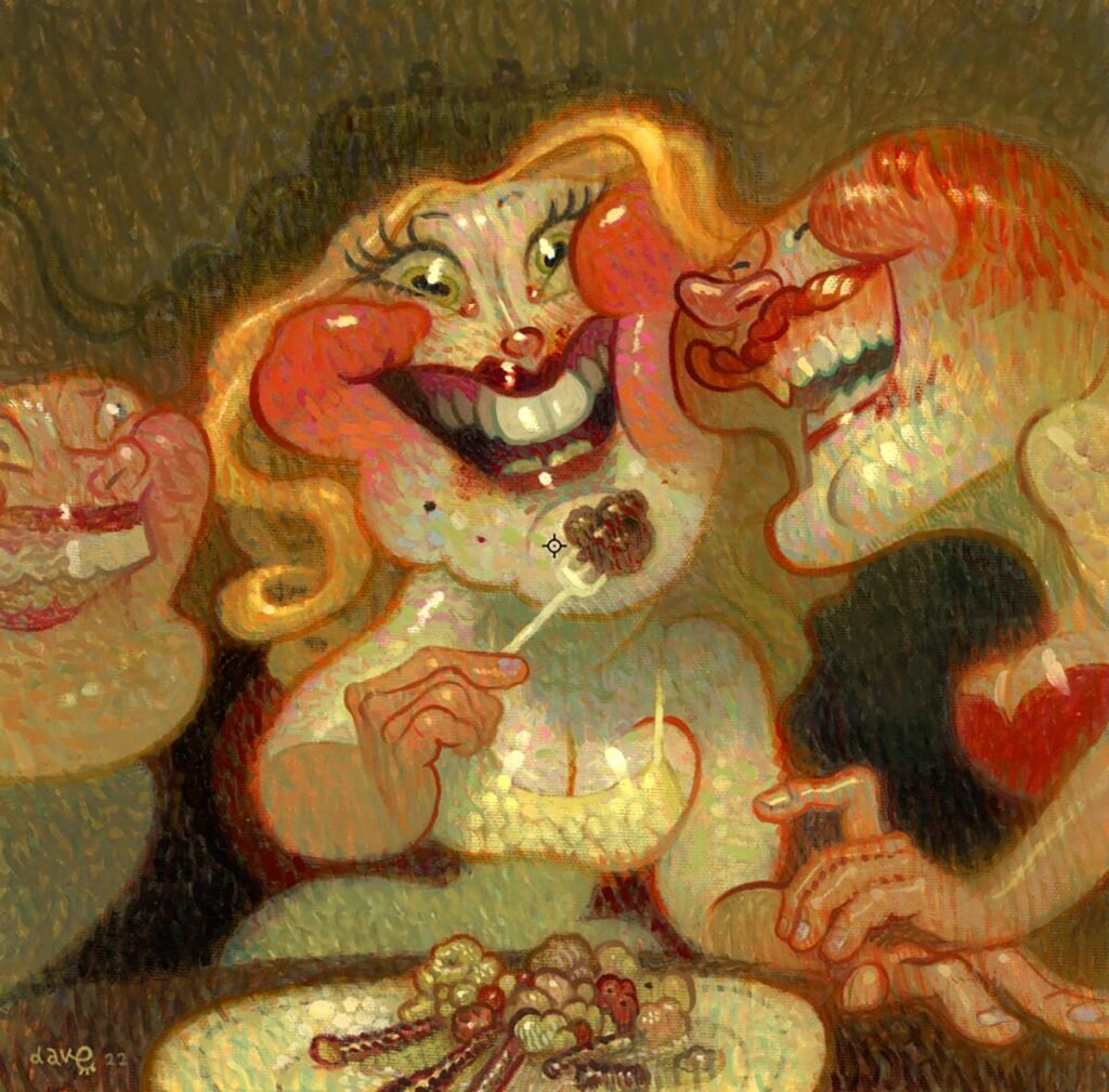 Formado en el dibujo narrativo y el pulso del cómic underground, Dave Cooper despliega un universo poblado por figuras femeninas elásticas, criaturas híbridas y escenarios que parecen sueños con resaca.