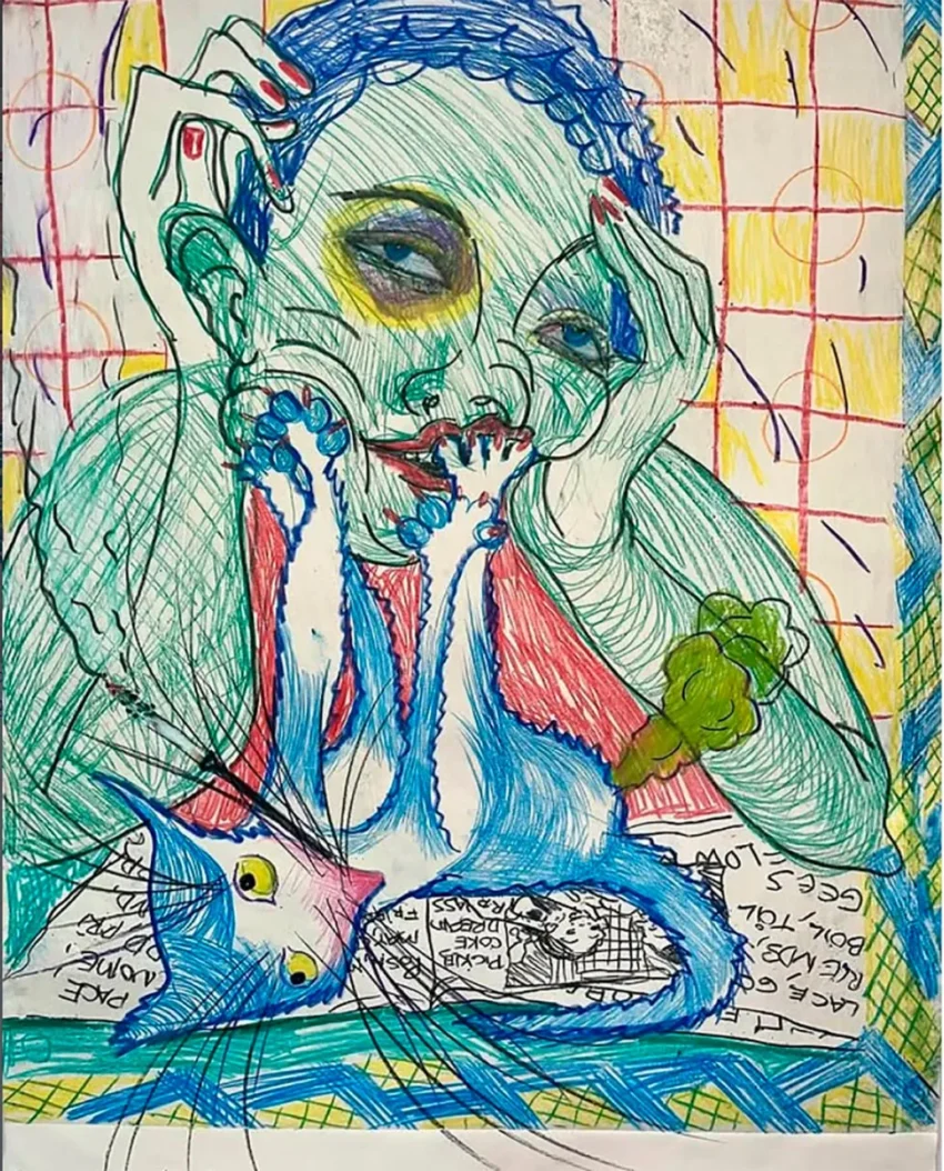 Figura humanoide con orejas de conejo sobre fondo geométrico multicolor, estilo surrealista y narrativo.