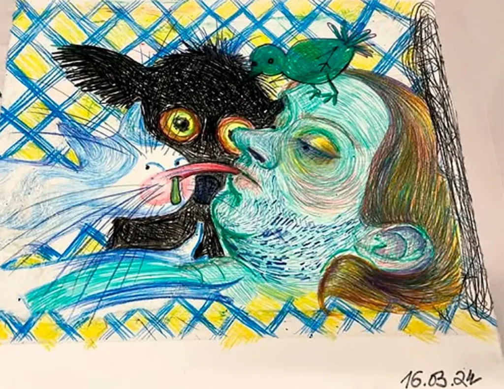 Rostro humano en perfil con ojos cerrados, gato negro lamiendo y pájaro verde sobre la frente.