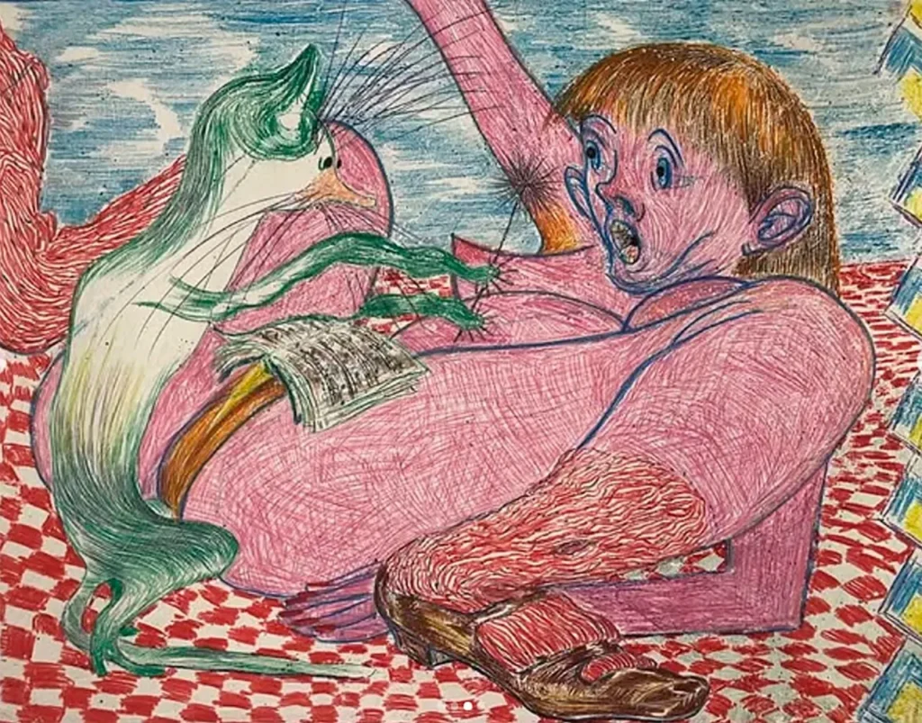 Figura humanoide con expresión de sorpresa y gato verde interactuando con papel sobre fondo surrealista.