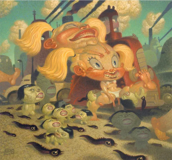 Formado en el dibujo narrativo y el pulso del cómic underground, Dave Cooper despliega un universo poblado por figuras femeninas elásticas, criaturas híbridas y escenarios que parecen sueños con resaca.