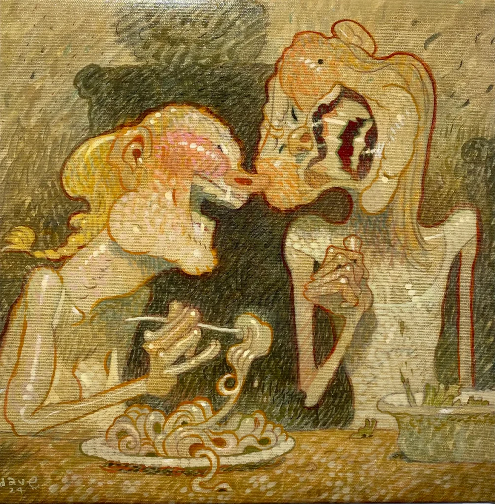 Formado en el dibujo narrativo y el pulso del cómic underground, Dave Cooper despliega un universo poblado por figuras femeninas elásticas, criaturas híbridas y escenarios que parecen sueños con resaca.