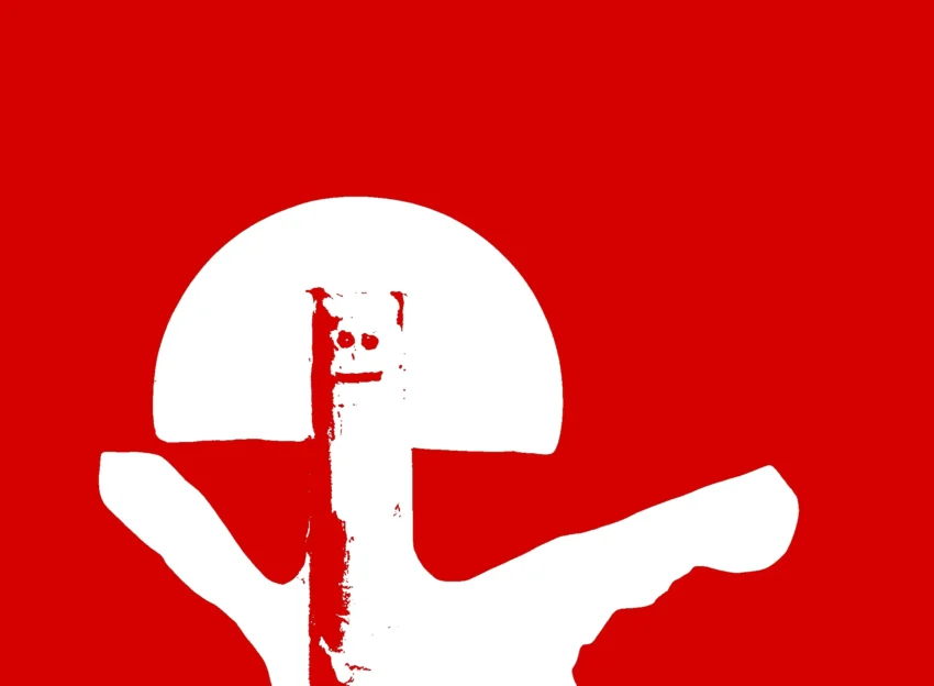 Gráfico en rojo y blanco con figura abstracta y símbolo circular