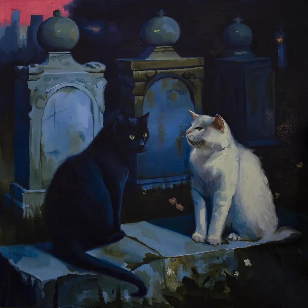 Dos gatos, uno negro y otro blanco, sobre superficie de piedra en cementerio nocturno con lápidas azules