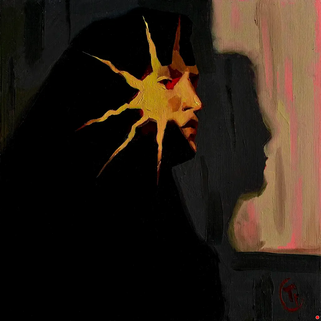 Silueta humana en perfil con explosión de luz amarilla desde el rostro y sombra proyectada en la pared