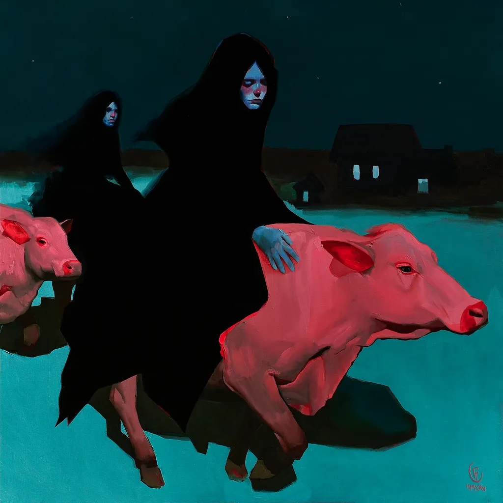 Dos figuras encapuchadas montan cerdos rosas sobre paisaje nocturno con casas iluminadas al fondo
