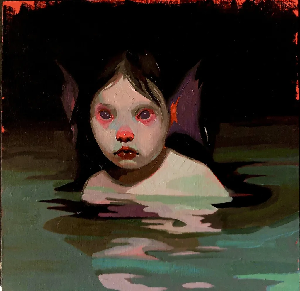 Figura humanoide con orejas tipo aleta, ojos rojos y nariz roja parcialmente sumergida en agua sobre fondo oscuro