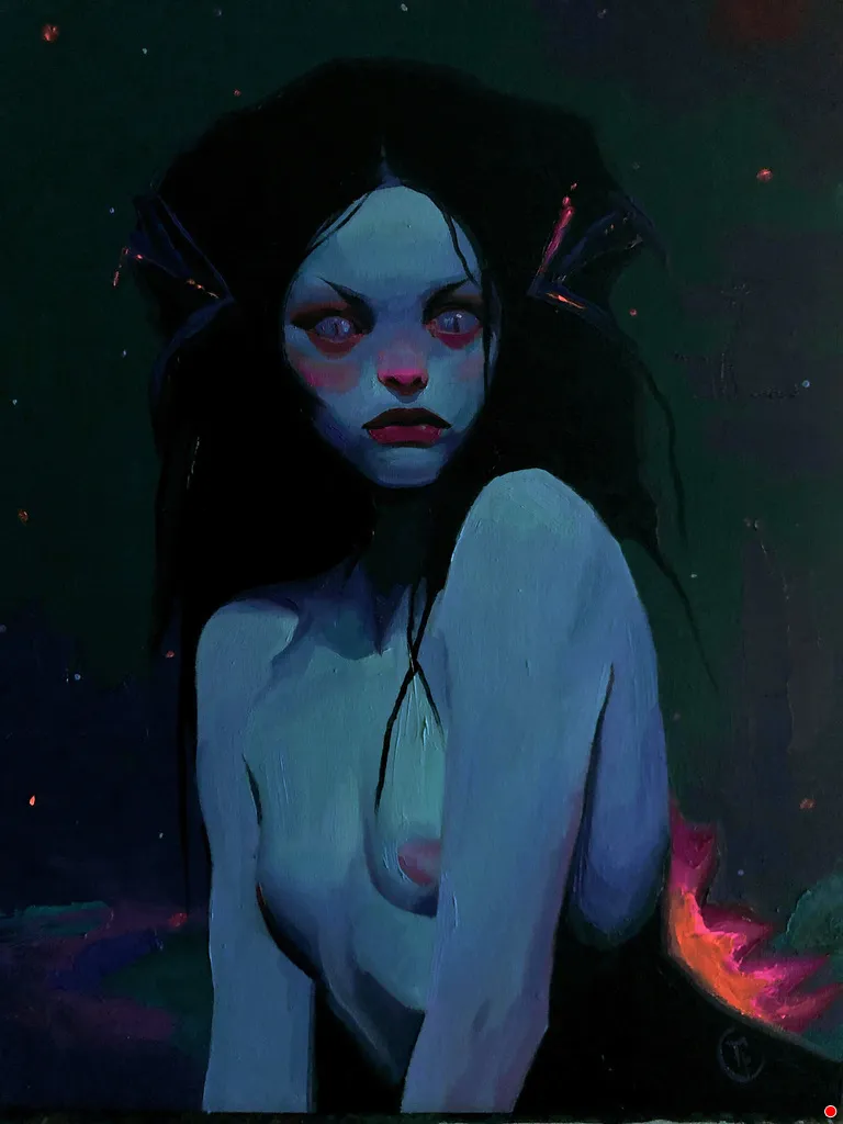 Figura femenina de piel azul, ojos rojos y cabello oscuro con extensiones tipo aleta sobre fondo oscuro