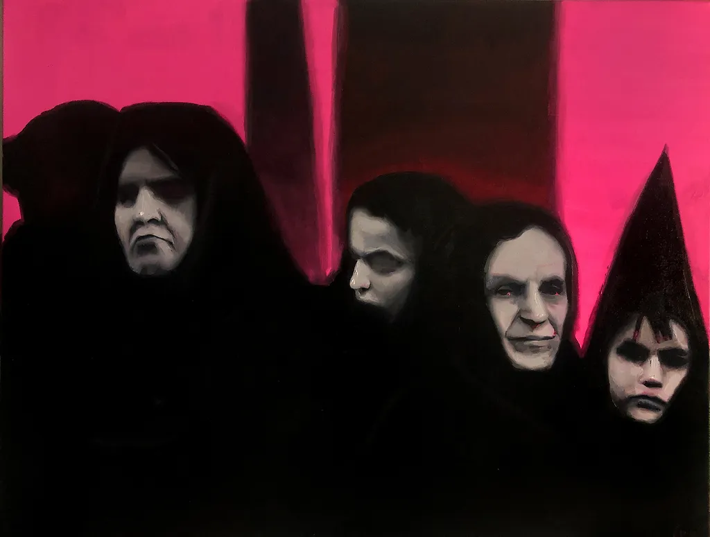 Cinco figuras encapuchadas con rostros pálidos sobre fondo rosa y negro de formas verticales