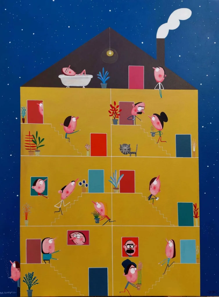 Edificio de varios pisos con personajes caricaturescos realizando actividades cotidianas bajo cielo estrellado