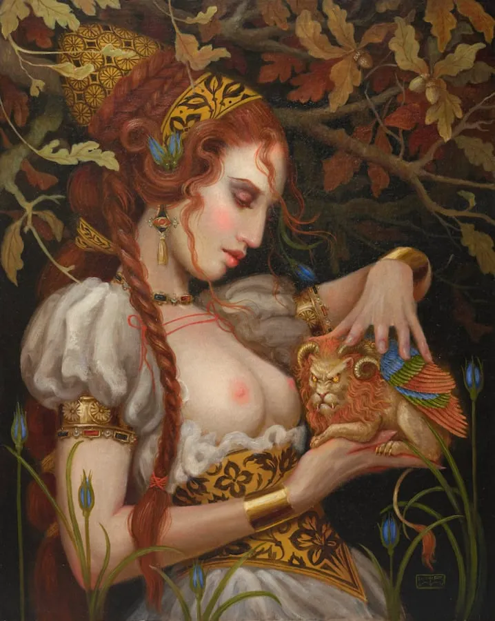 Retrato fantástico de mujer pelirroja con criatura mitológica entre hojas de roble, obra de Hannah Flowers