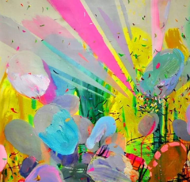 Pintura abstracta de Ismael Lagares con formas orgánicas, estallido cromático y trazos radiantes.