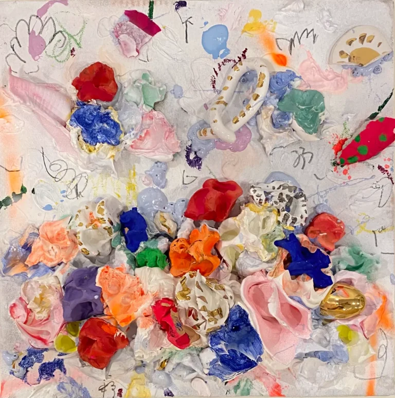 Obra abstracta de Ismael Lagares con texturas escultóricas, colores vibrantes y formas orgánicas.
