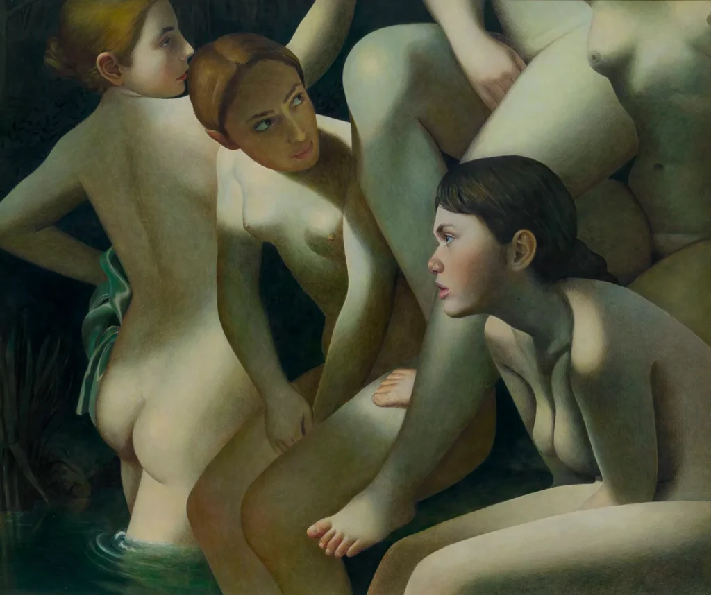 Grupo de figuras desnudas entrelazadas en entorno acuático con iluminación dramática