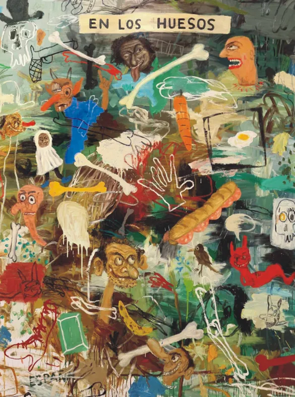 Pintura caótica y expresiva con figuras grotescas, esqueletos, alimentos y personajes caricaturescos bajo el lema “En los huesos”.