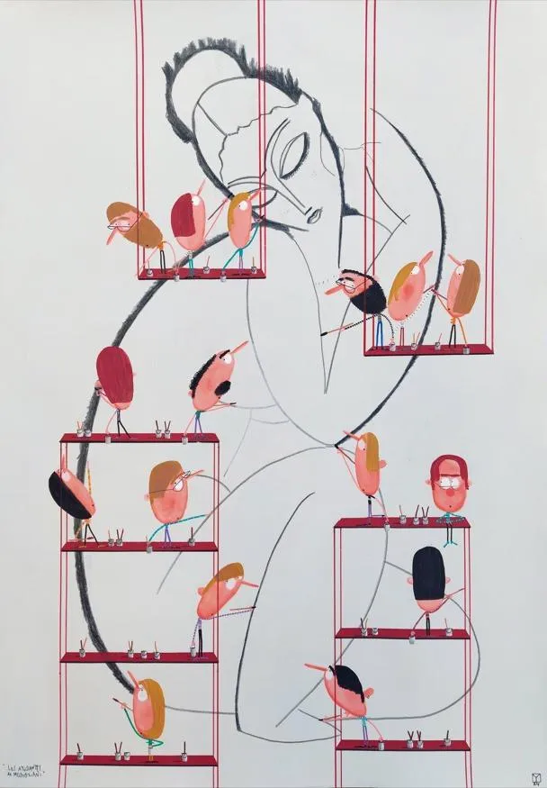 Figura humana central en negro rodeada de compartimentos rojos con personajes caricaturescos