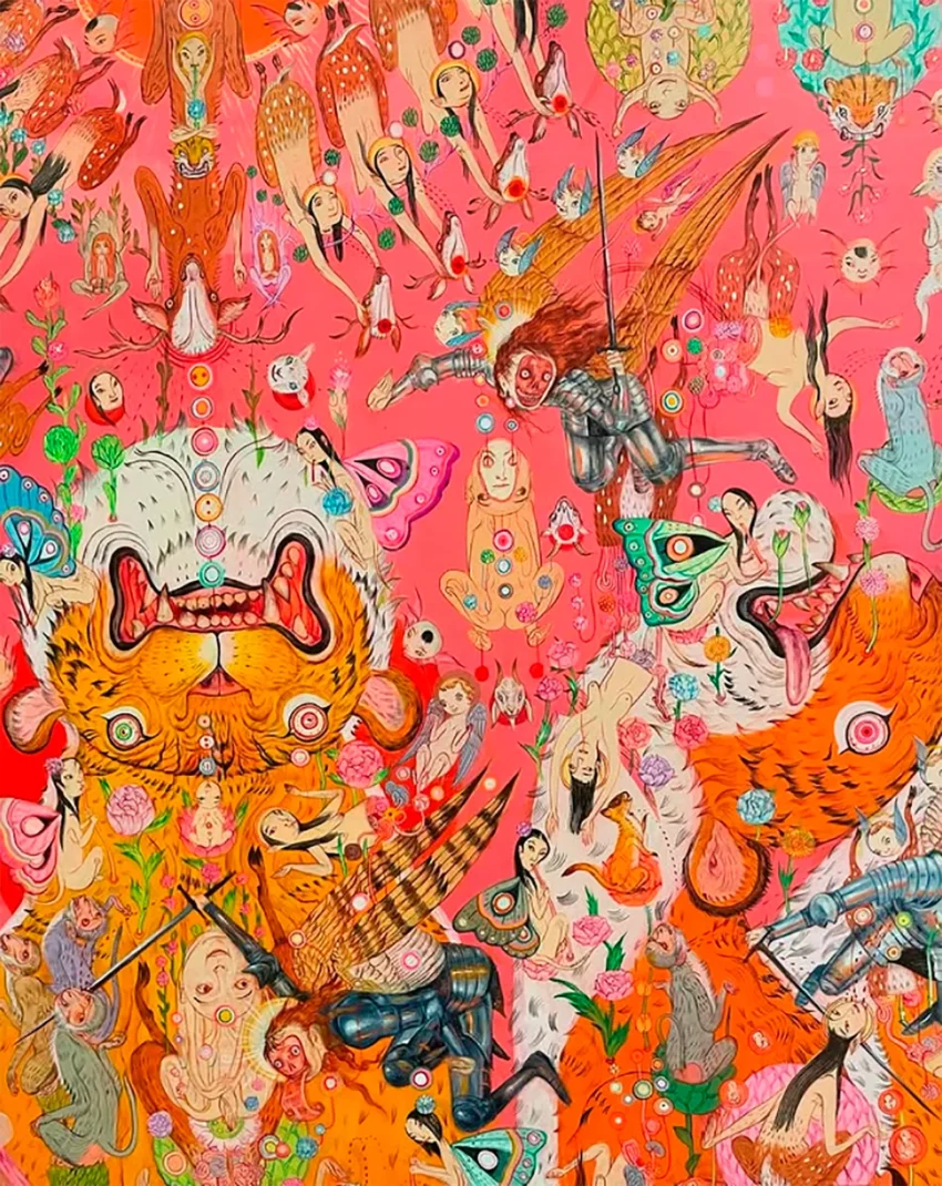 Una gran diversidad de influencias nutre las pinturas de Mu Pan, desde la literatura clásica china o los grabados japoneses ukiyo-e hasta el manga, las películas de artes marciales y la actualidad. Sus obras son narrativas estratificadas, reflexiones personales sobre el comportamiento humano en las que el humor y la violencia suelen coincidir.