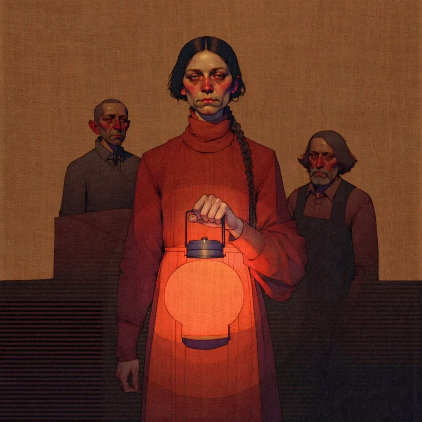 Ilustración digital de Steve McDonald: mujer con farol rojo rodeada por dos figuras masculinas en sombras, escena dramática y simbólica.