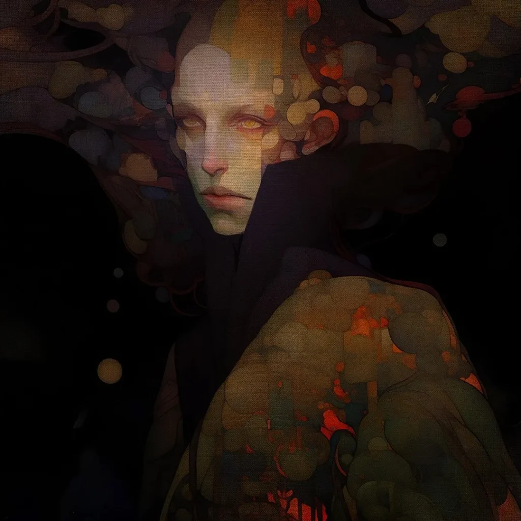 Retrato surrealista de figura humanoide con ojos amarillos y formas abstractas flotantes en fondo oscuro.