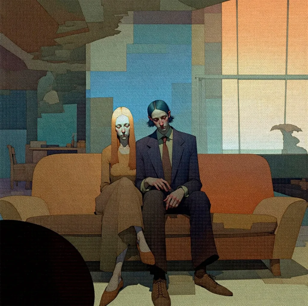 Ilustración surrealista de Steve McDonald: dos figuras en sofá, interior geométrico, atmósfera melancólica.
