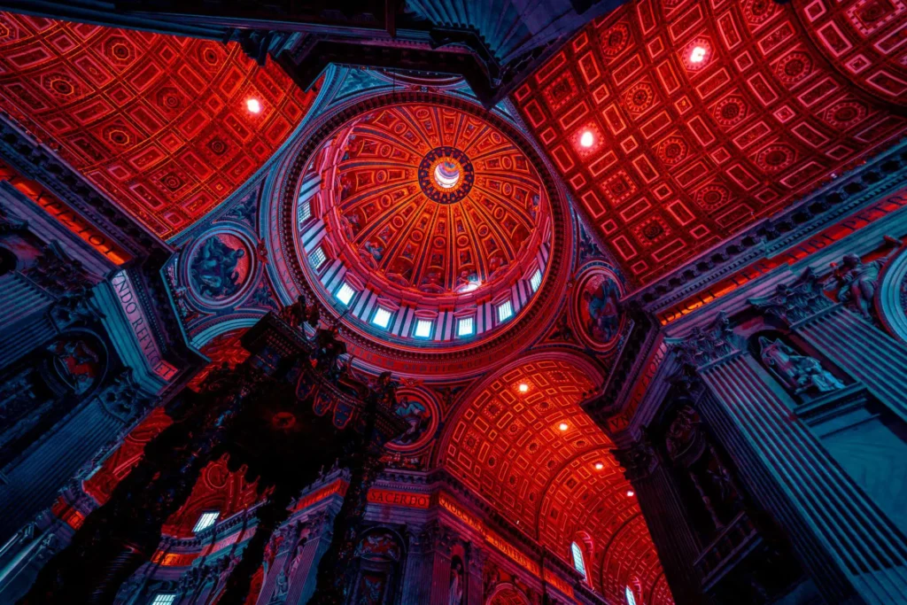 Domo de San Pedro iluminado en rojo y azul, reinterpretado por Aishy en clave ciberpunk