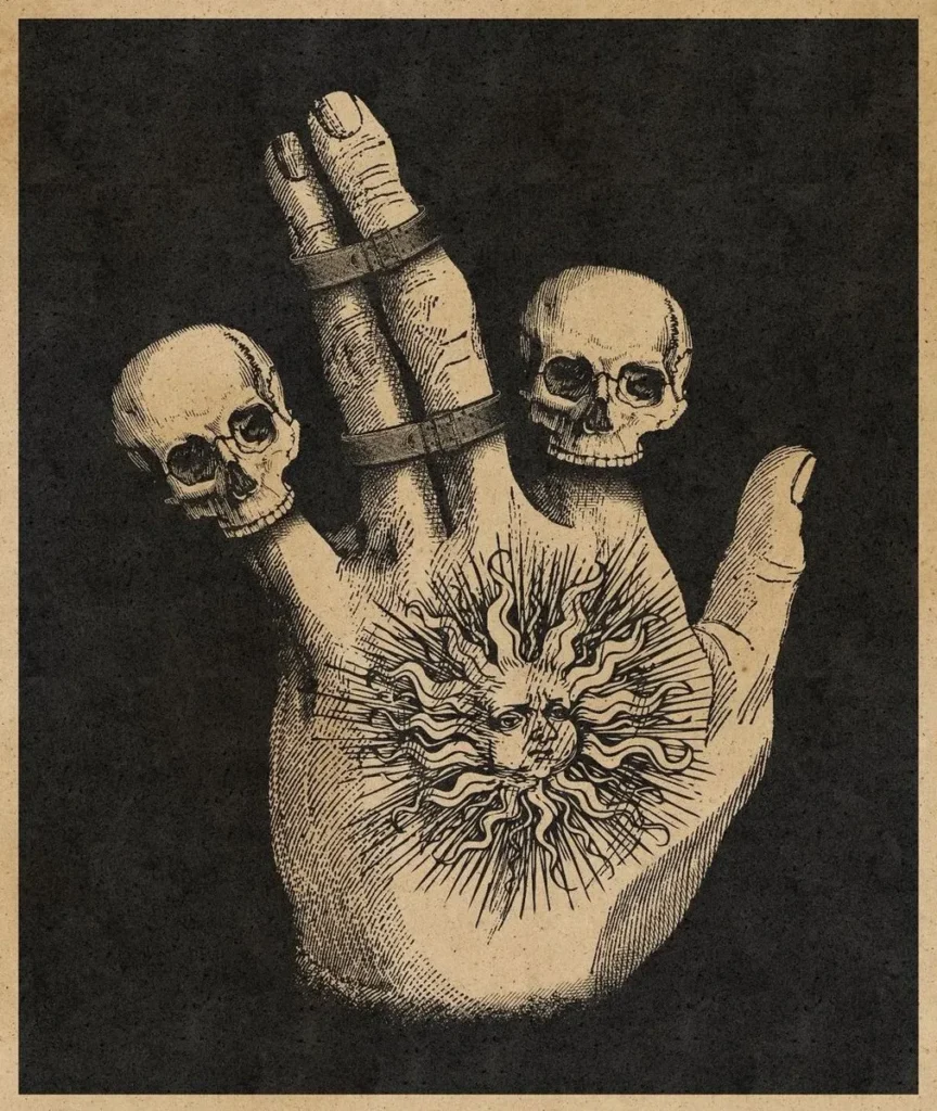 Ilustración simbólica de Andrew Blucha: mano con calaveras, sol radiante y fondo negro.
