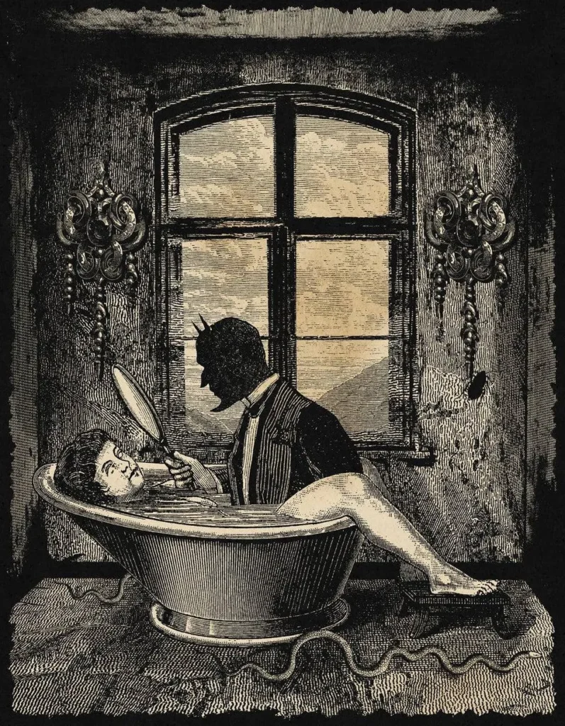 Ilustración surrealista de Andrew Blucha: figura en bañera con presencia demoníaca y espejo.