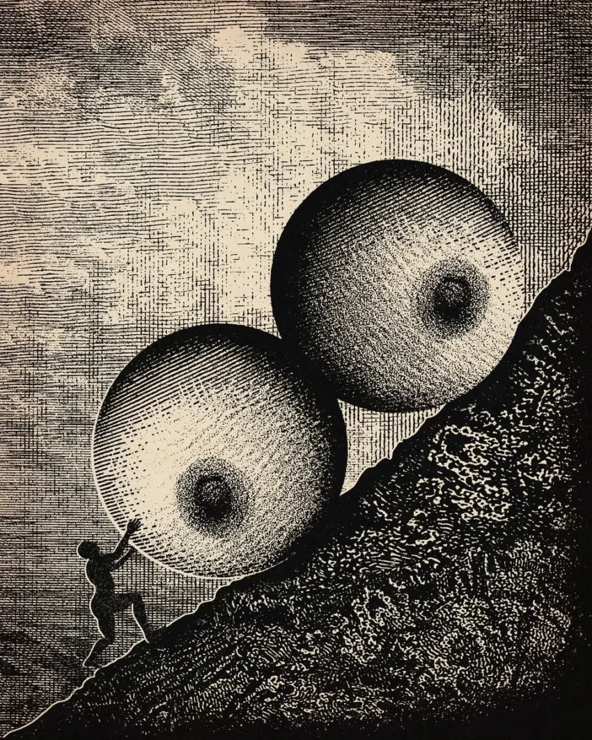 Ilustración surrealista de Andrew Blucha: figura empujando dos esferas en pendiente.