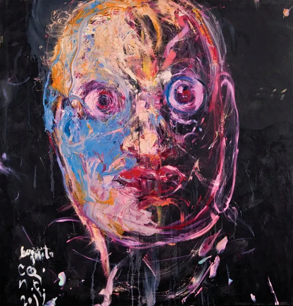 Retrato expresionista de rostro humano con pinceladas caóticas y firma Logan C.O.F. 2011.