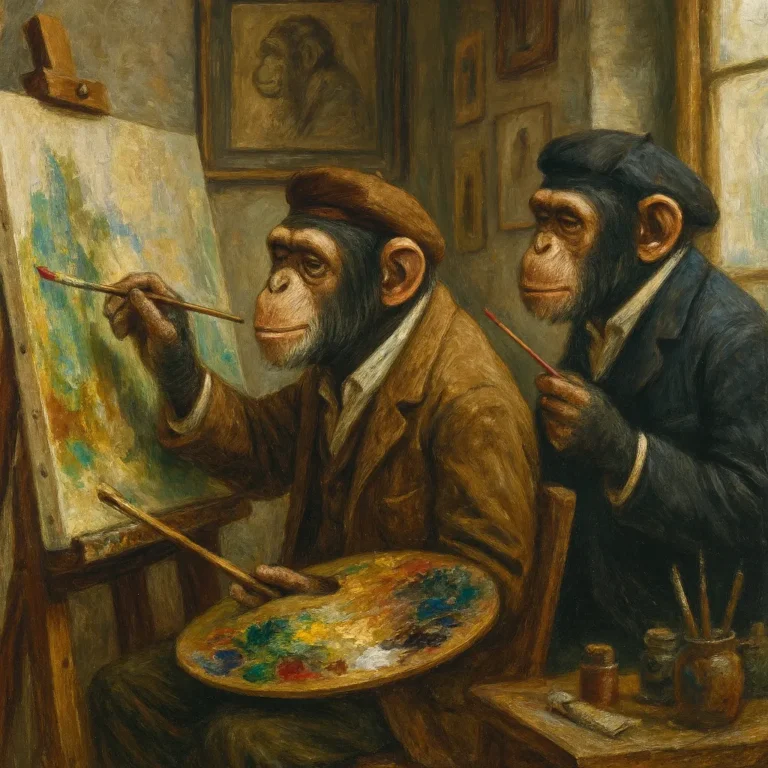 Dos chimpancés vestidos como pintores trabajan en su estudio, rodeados de lienzos y pinceles.