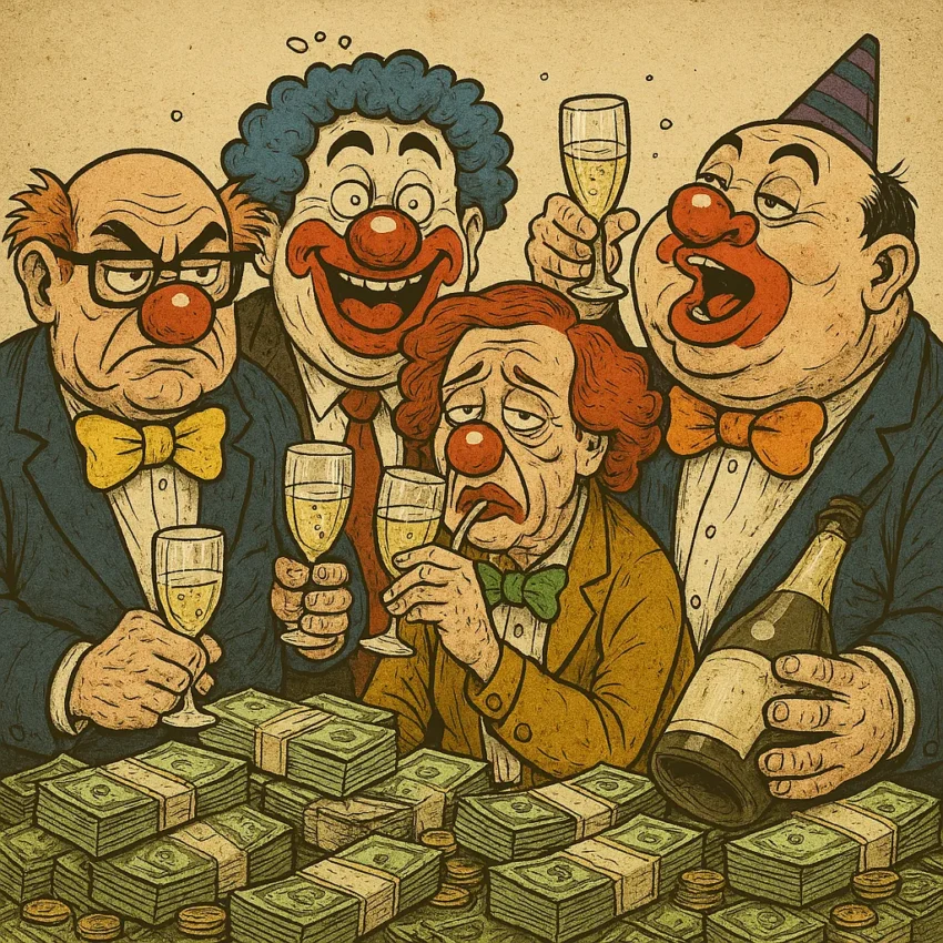 Cuatro políticos caricaturescos disfrazados de payasos, celebrando entre fajos de billetes y copas de champán