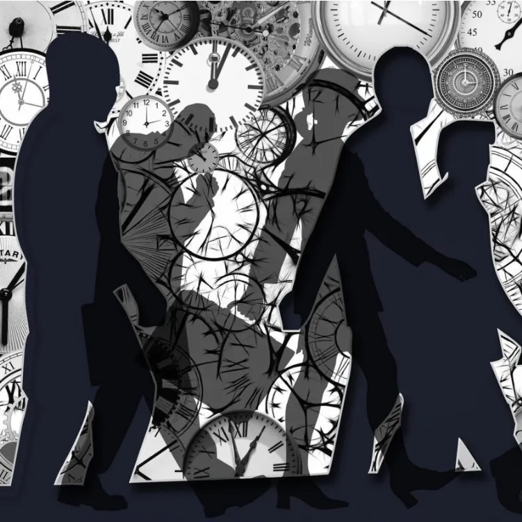 Collage digital con relojes analógicos y siluetas humanas en movimiento, composición fragmentada sobre el paso del tiempo.