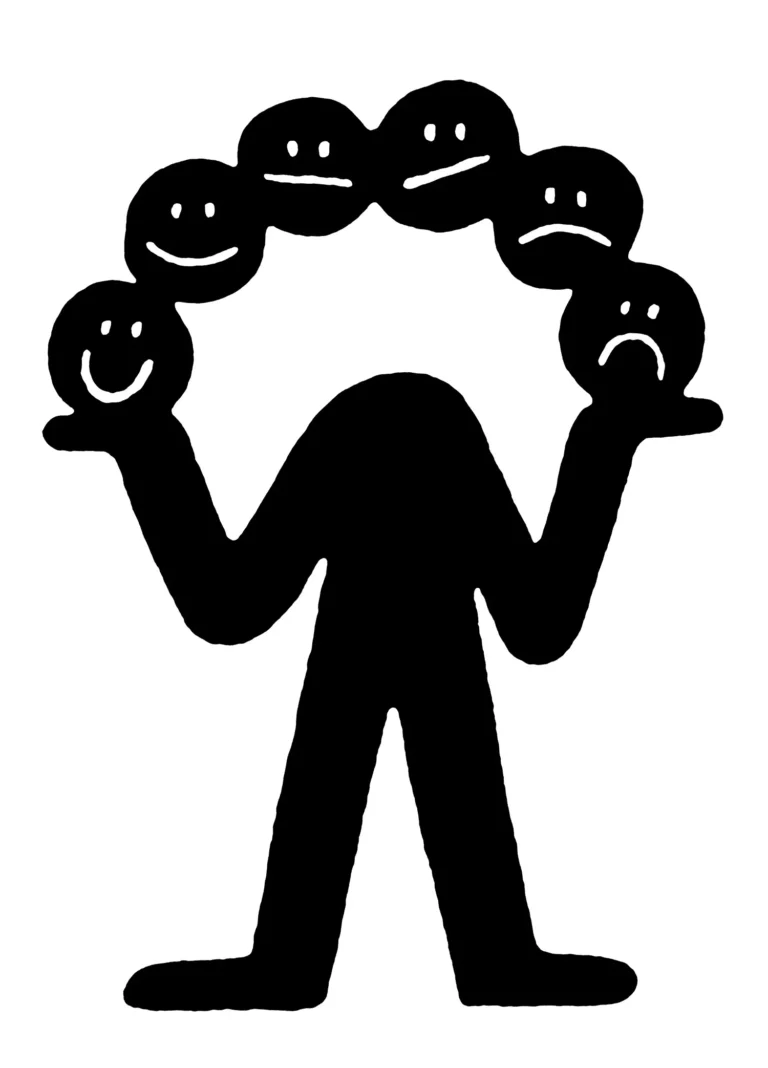 Figura humana sin cabeza sostiene seis rostros emocionales en blanco y negro