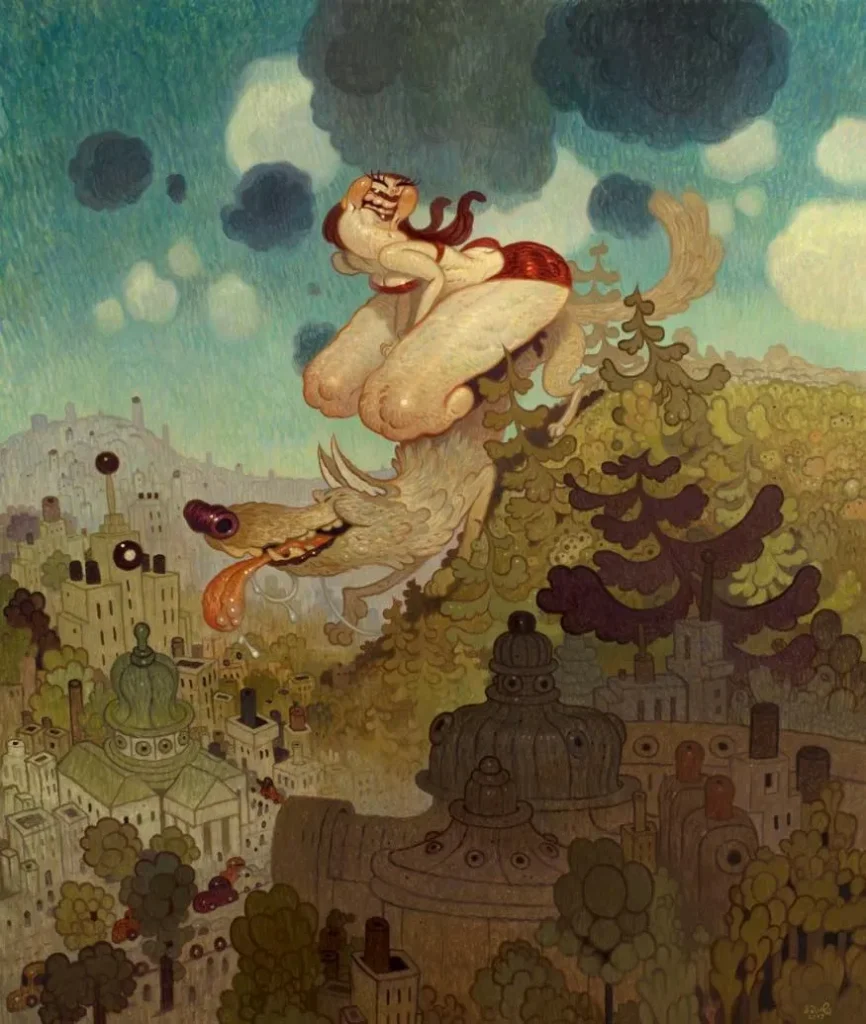 Ilustración surrealista de Dave Cooper con criatura antropomórfica sobre dragón en ciudad fantástica